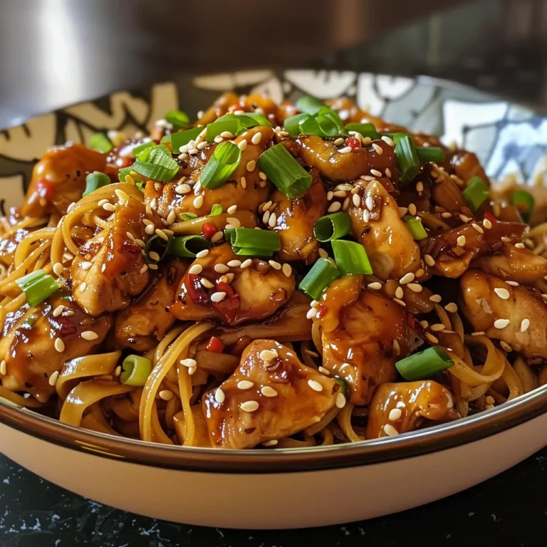 A Heartwarming Bowl of Sticky Garlic Chicken Noodles That Feels Like Home Close-up of Sticky Garlic Chicken Noodles with glistening chicken and noodles.