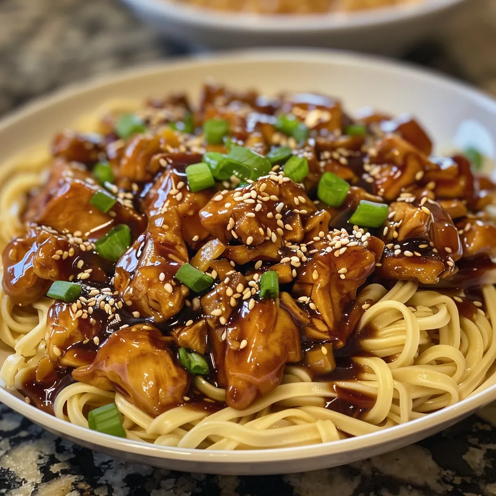 Juicy Sticky Garlic Chicken Noodles arranged beautifully on a plate.