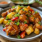 Juicy honey garlic chicken glazed with a sticky sauce, served with pineapple chunks and colorful bell peppers.