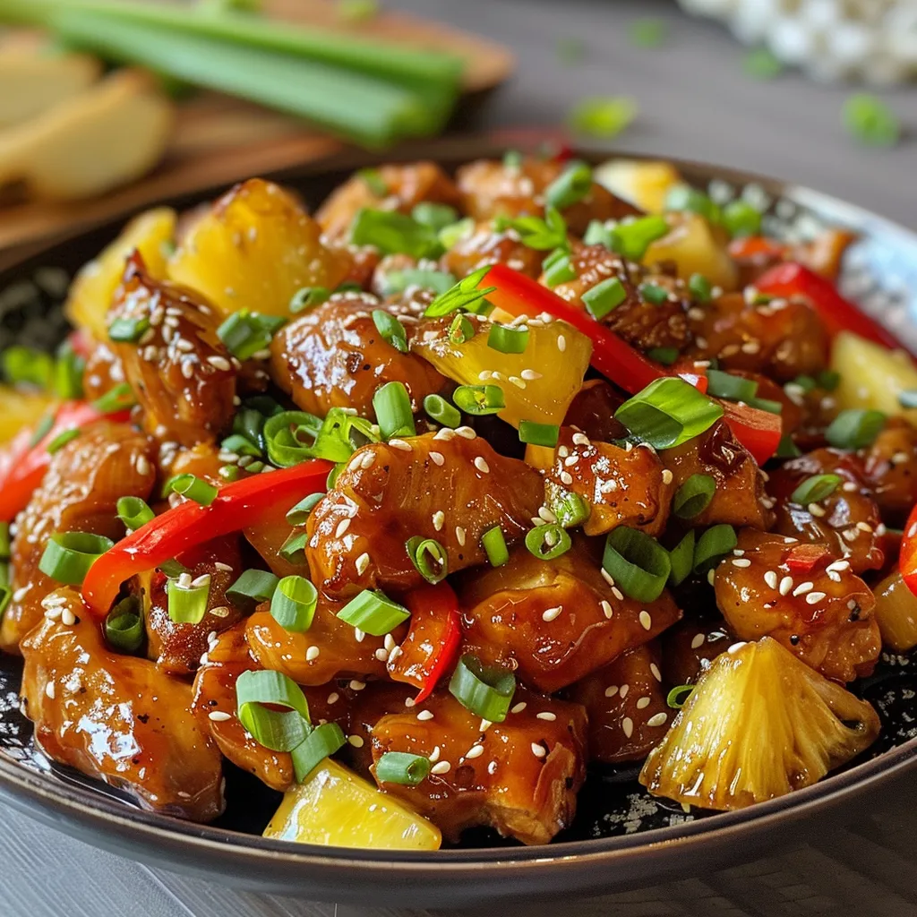 Close-up view of succulent chicken thighs coated in honey garlic sauce, surrounded by fresh pineapple and peppers.
