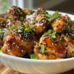 Juicy honey garlic chicken thighs glistening in a close-up shot.