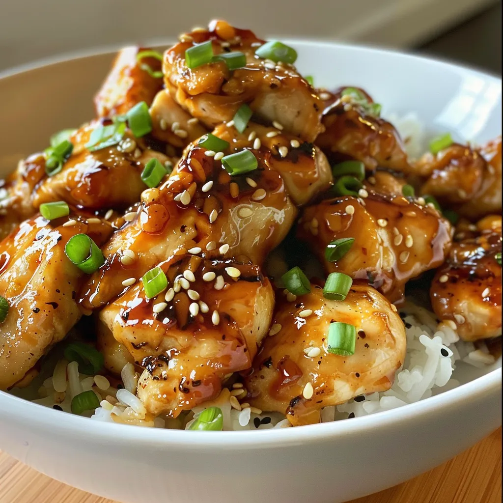Side view of tender chicken thighs coated in sticky honey garlic sauce.