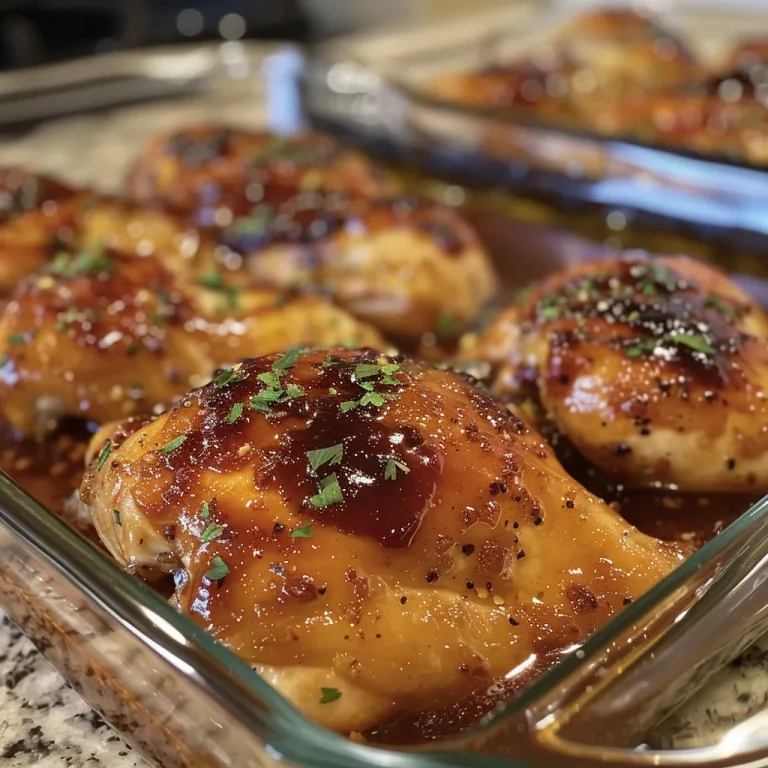 Close-up side view of juicy Sweet and Spicy Baked Chicken with glistening sauce.