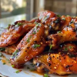 Close-up of juicy Sweet Chili Chicken Wings with a glossy glaze.