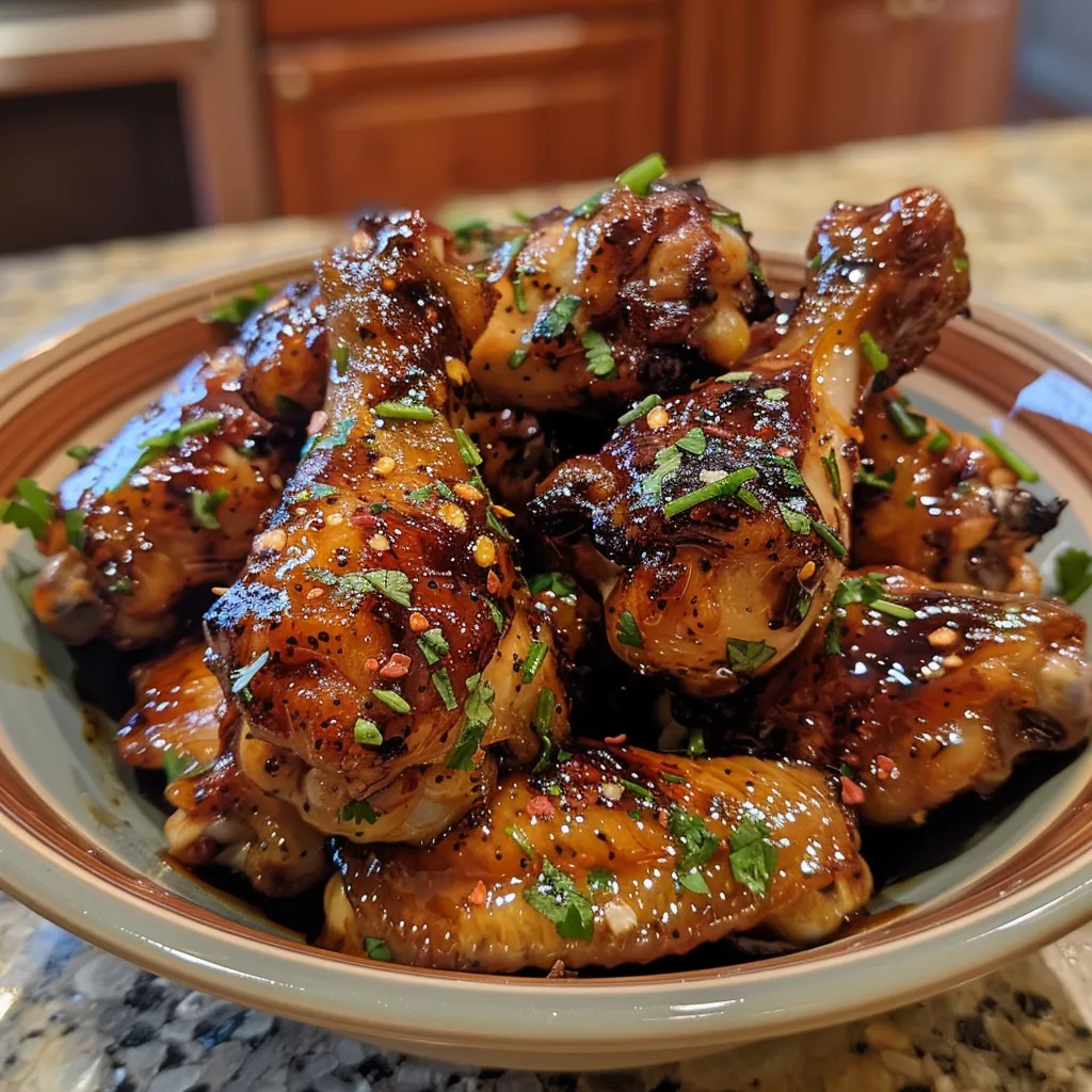 Side view of tender chicken wings coated in sweet chili sauce.