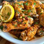 Close-up of juicy Sweet + Spicy Hot Honey Peach Lemon Pepper Wings on a plate.