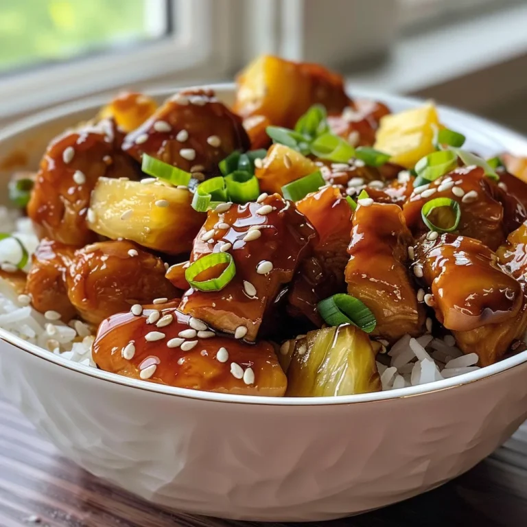 Close-up of a Teriyaki Chicken and Pineapple Bowl with cooked rice and garnishes.