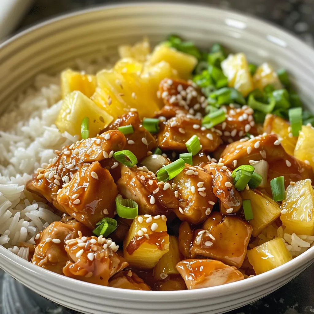 Juicy Teriyaki chicken pieces mixed with fresh pineapple chunks in a bowl.
