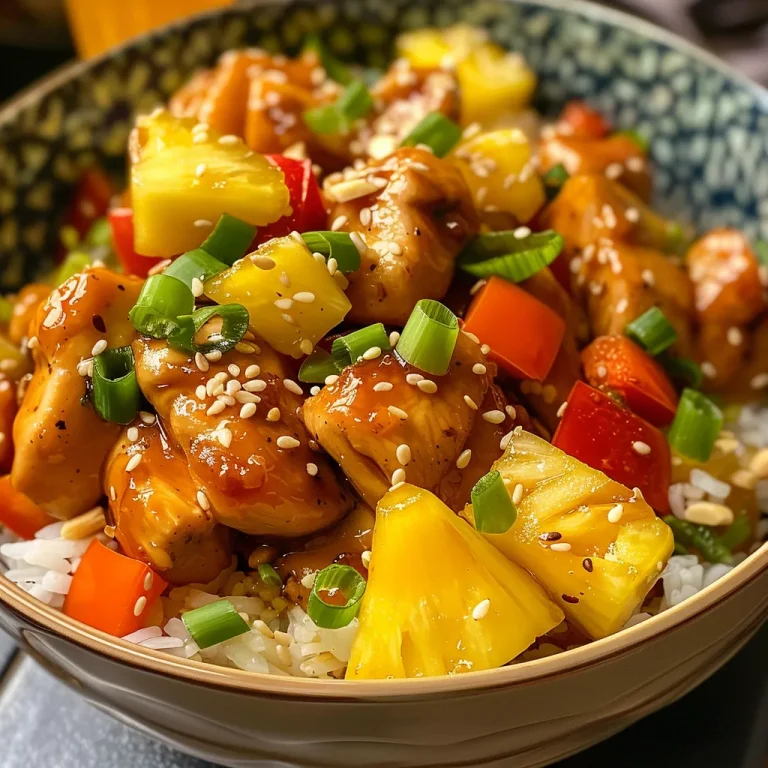 A vibrant teriyaki chicken pineapple bowl filled with colorful bell peppers and green onions.