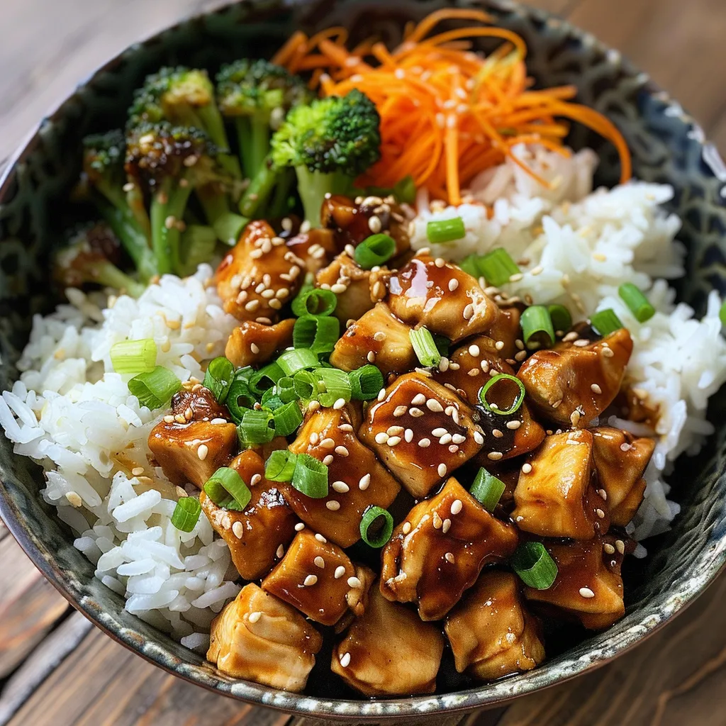 Side view of a colorful bowl featuring Teriyaki chicken and rice.
