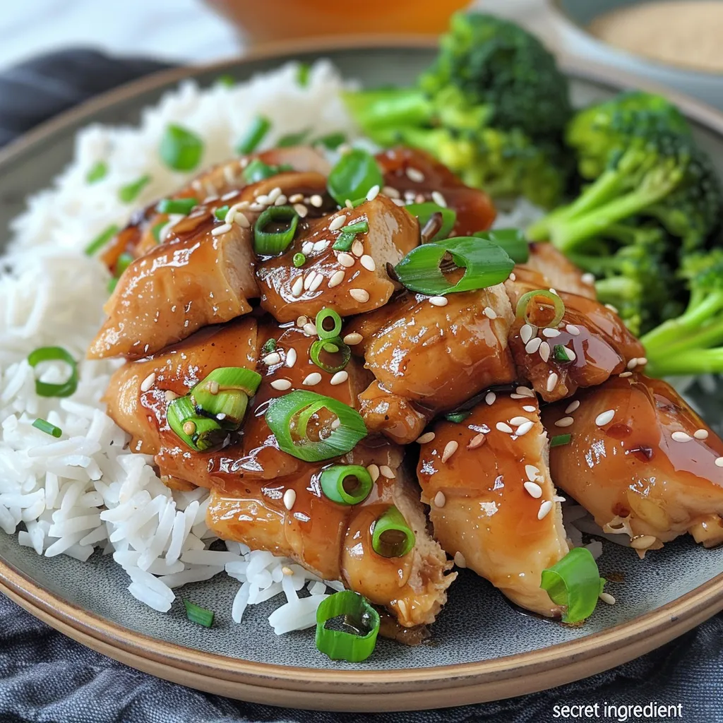 Close-up of teriyaki chicken garnished with sesame seeds and sliced green onions.