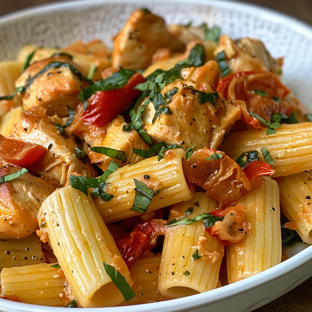Juicy Tuscan chicken pasta dish presented with colorful bell peppers and parmesan cheese.