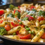 Close-up of Vegetable-Packed Chicken Pasta Primavera, showcasing colorful vegetables and chicken in a pasta dish.