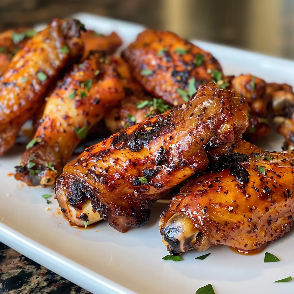 Side view of golden-brown chicken wings garnished with seasoning.