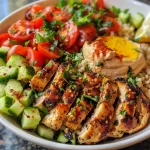 A colorful bowl featuring grilled chicken, cucumber salad, and cherry tomatoes.