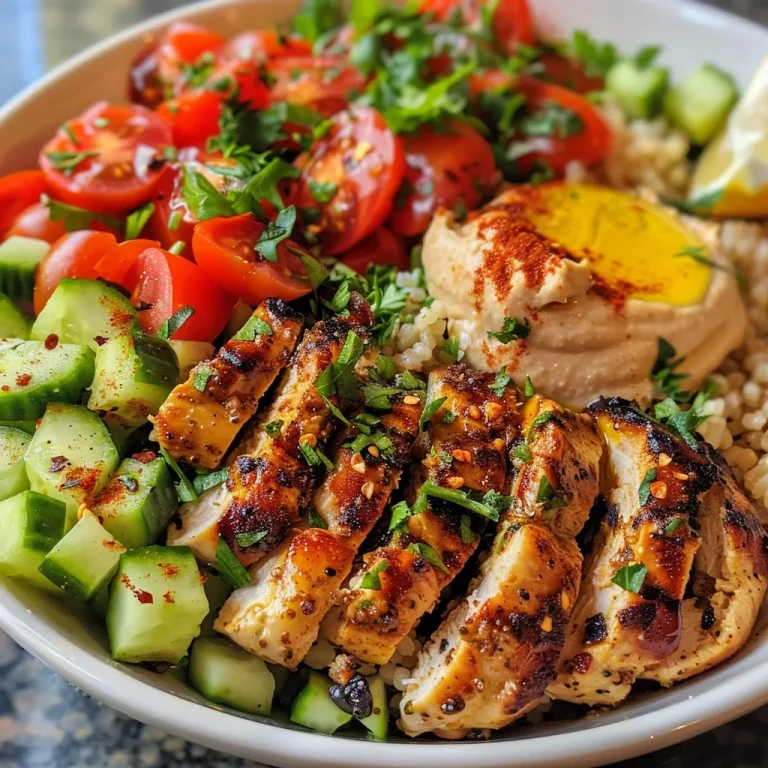 A colorful bowl featuring grilled chicken, cucumber salad, and cherry tomatoes.
