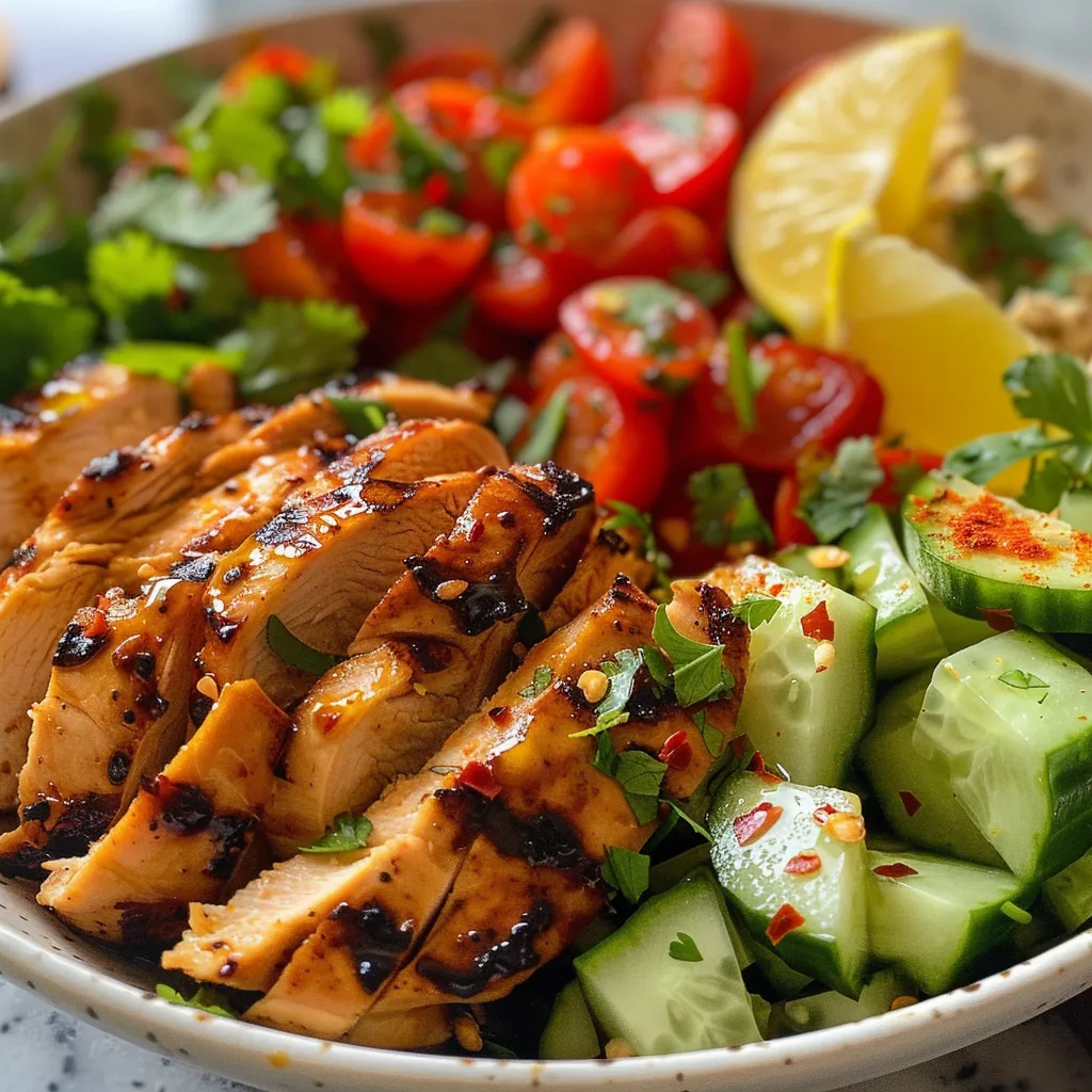 A close-up view of zesty lemon chili grilled chicken served with diced cucumbers and cherry tomatoes.