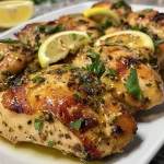 Close-up of juicy yogurt marinated chicken thighs garnished with fresh parsley.