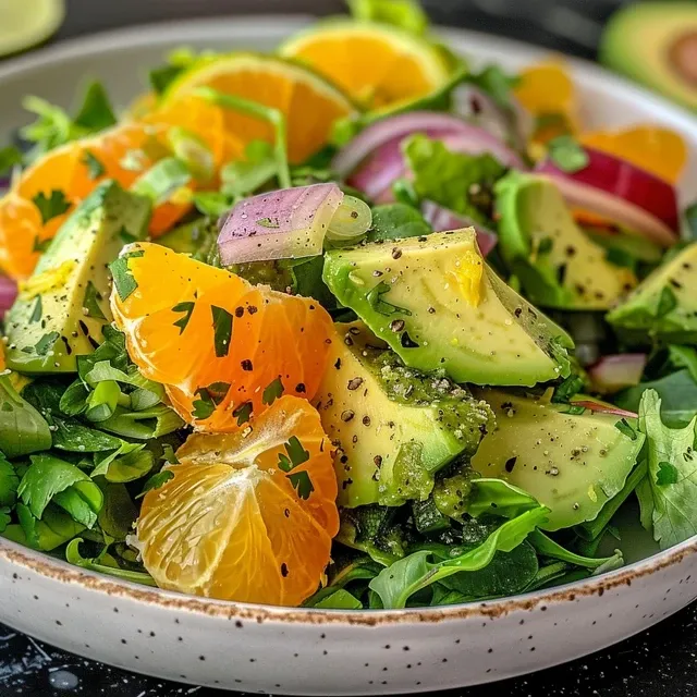 A Refreshing Orange Avocado Salad That Brightens Up Any Gathering Close-up view of a vibrant orange and avocado salad featuring mixed greens and cilantro.