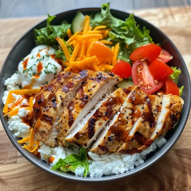 A Hearty BBQ Ranch Chicken Bowl That Packs a Protein Punch A close-up view of a BBQ Ranch Chicken Bowl featuring grilled chicken, cottage cheese, ranch dressing, BBQ sauce, and cheddar cheese.