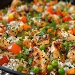 Close-up view of a colorful chicken and vegetable rice skillet showcasing juicy chicken and vibrant bell peppers.