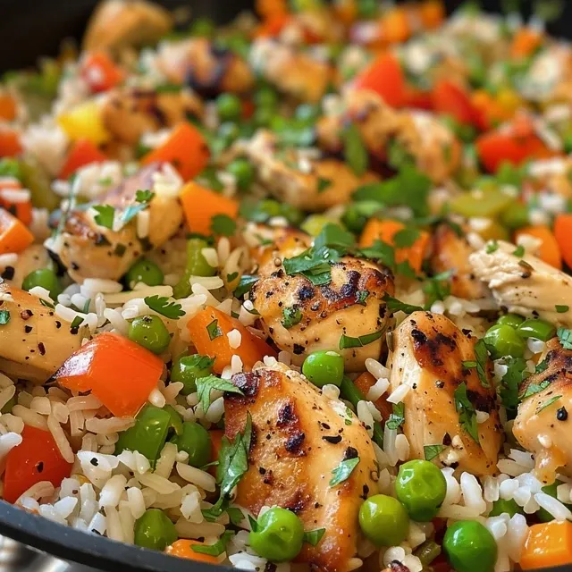 A Hearty Chicken Vegetable Rice Skillet That Feels Like Home Close-up view of a colorful chicken and vegetable rice skillet showcasing juicy chicken and vibrant bell peppers.