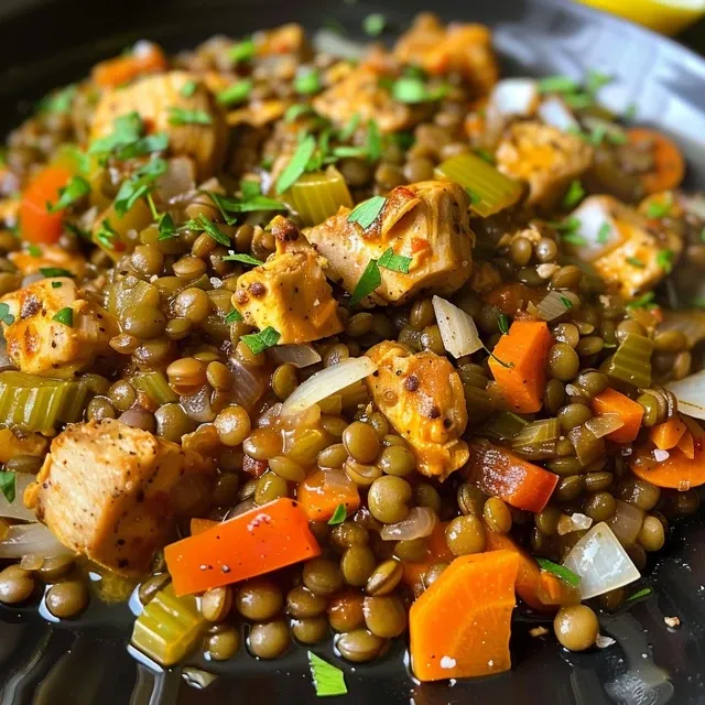 Harvesting Flavor A Hearty Lentil and Chicken Power Meal to Fuel Your Days Close-up of a colorful bowl filled with lentils and chicken, showcasing vibrant vegetables.