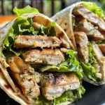 Close-up view of crispy chicken lettuce wraps with Caesar dressing and fresh herbs.