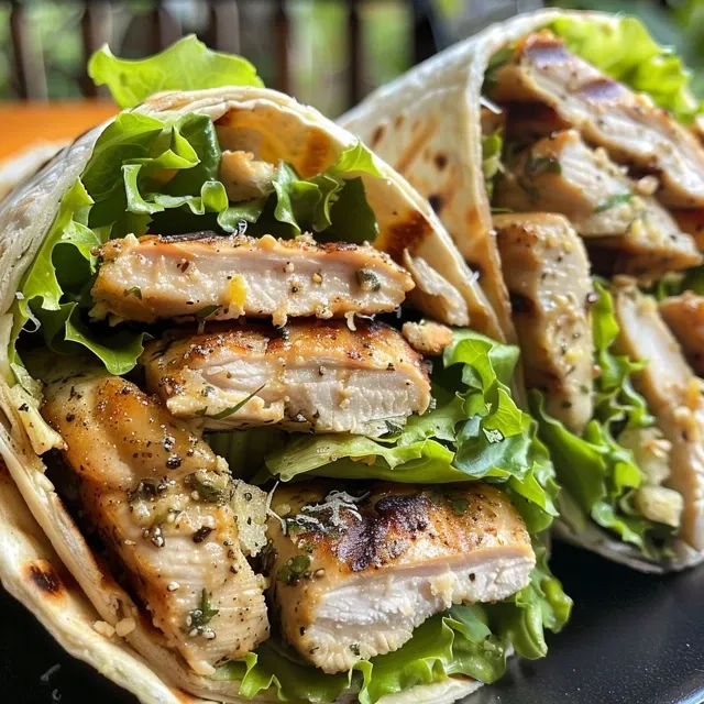 Crispy Chicken Caesar Lettuce Wraps A Fresh Twist on a Classic Favorite Close-up view of crispy chicken lettuce wraps with Caesar dressing and fresh herbs.
