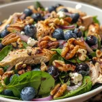 Close-up view of a colorful Blueberry Spinach Chicken Salad with vibrant ingredients.