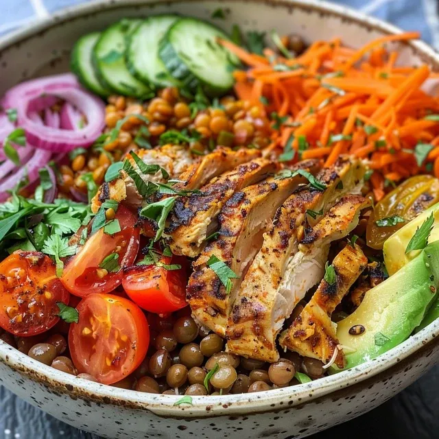 Nourishing Lentil Chicken Power Bowls A Bowlful of Comfort and Strength A close-up view of a lentil and chicken power bowl filled with colorful ingredients.