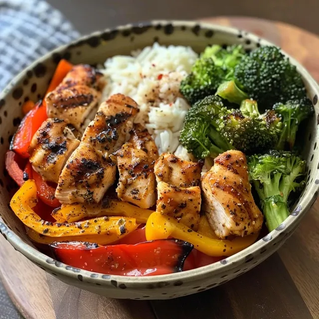 The Wholesome Power Bowl That Keeps Us All Together Close-up view of a balanced chicken and veggie power bowl featuring colorful vegetables and rice.