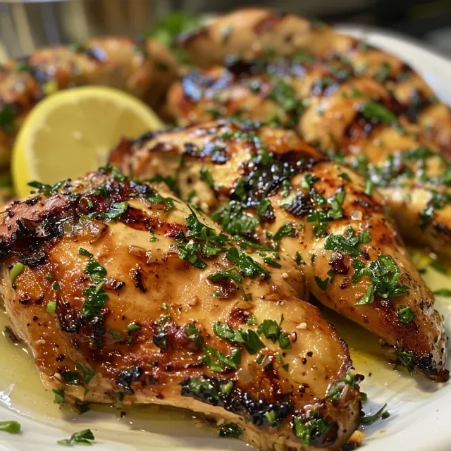 Side view of succulent yogurt marinated chicken showing a golden-brown crust.