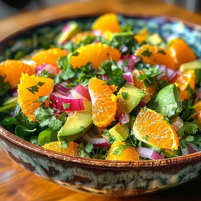 Delicious salad with diced avocado and juicy orange slices, garnished with red onion and cilantro.