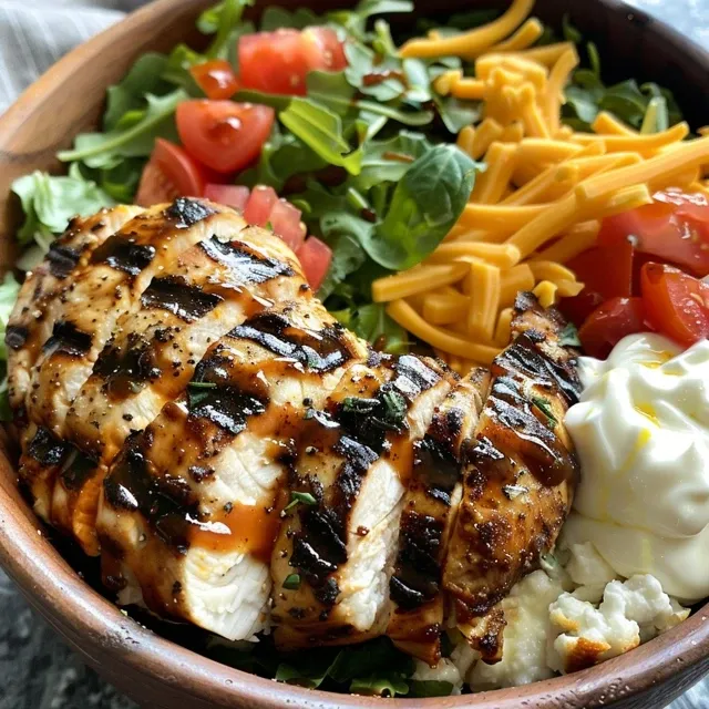 Side view of a Macro-Friendly BBQ Ranch Chicken Bowl showing layers of chicken, cheese, and sauces.