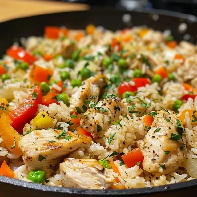 Side angle of a delicious chicken rice skillet with bright carrots, peas, and a sprinkle of parsley on top.