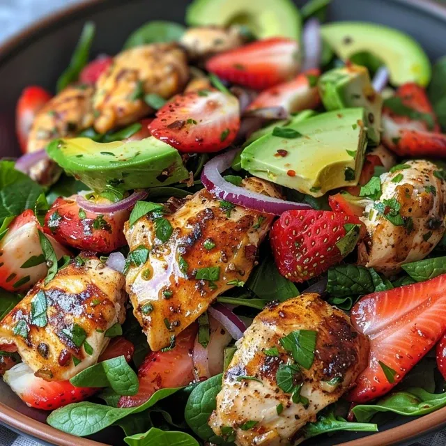 A close-up view of a colorful chicken and strawberry salad with fresh greens.