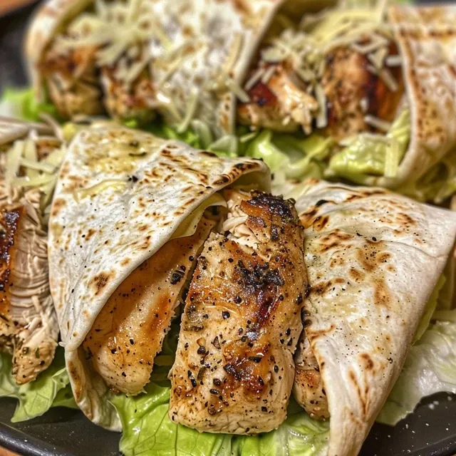Side shot of crispy chicken Caesar wraps made with romaine lettuce and garnished with Parmesan.
