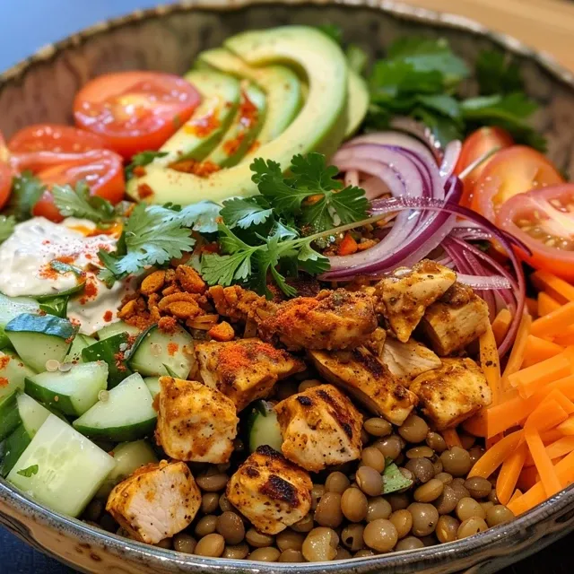 Side view of a nutritious lentil and chicken bowl featuring vibrant vegetables and chicken pieces.