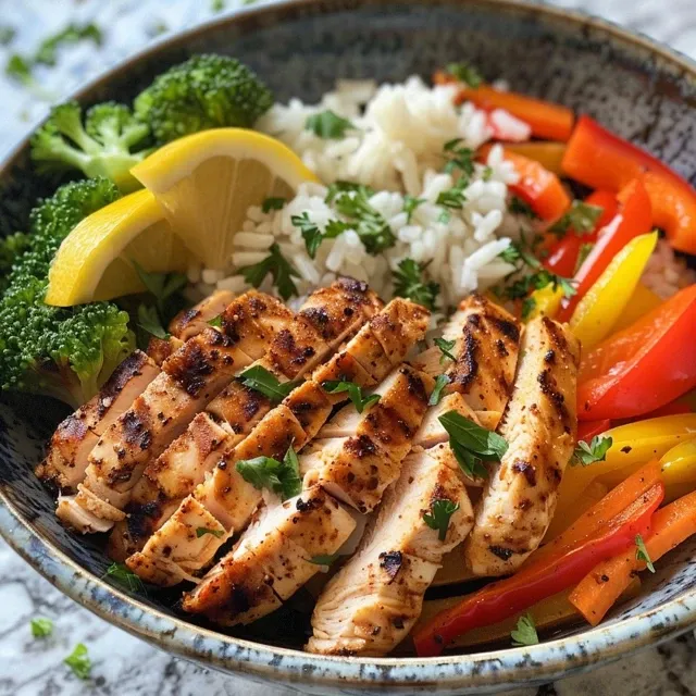 Side angle of a vibrant chicken and vegetable power bowl with sliced peppers and broccoli.