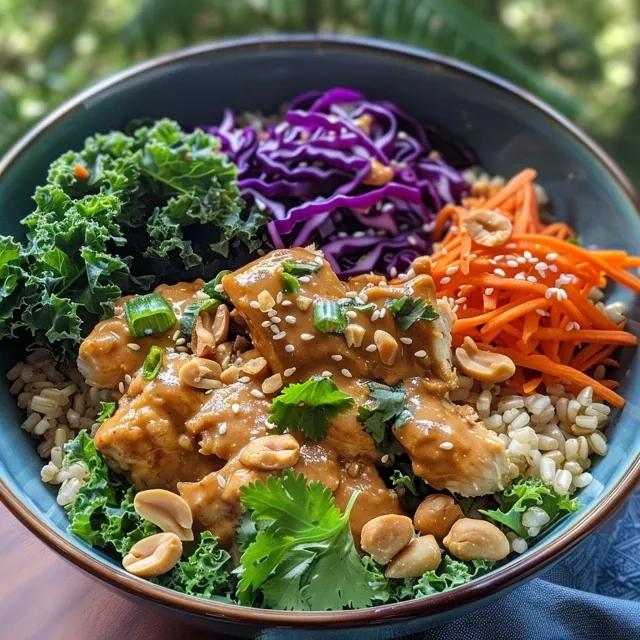 Side view of a vibrant Buddha Bowl with Thai chicken, garnished with fresh herbs and peanuts.