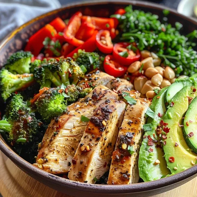 Close-up view of a healthy chicken bowl with greens, chicken, and various vegetables arranged attractively.