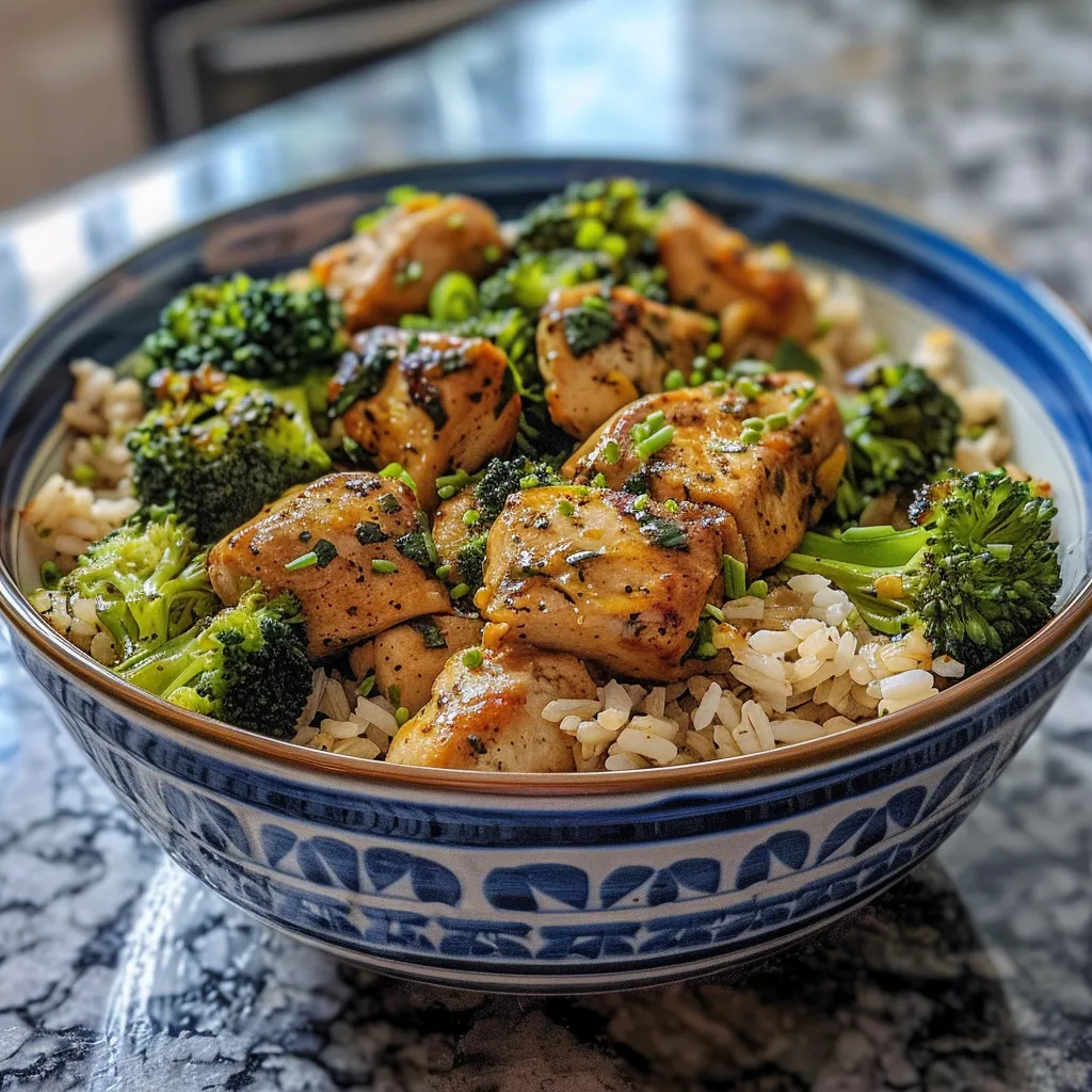 A vibrant chicken bowl showcasing tender chicken pieces, fresh broccoli, and a base of brown rice.