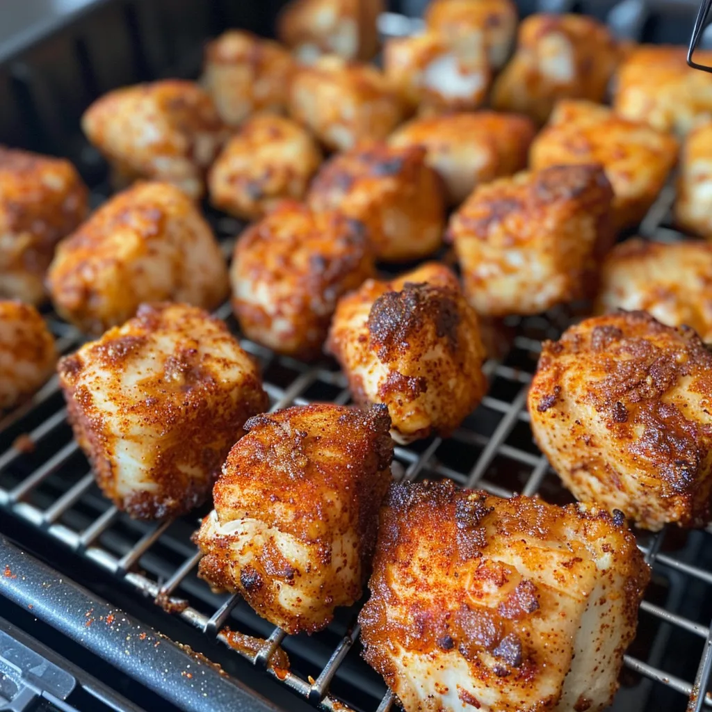 Side view of golden, seasoned chicken bites arranged on a plate.