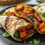 Close-up view of a juicy Air Fryer Chicken Tikka Wrap, showcasing vibrant spices and fresh ingredients.