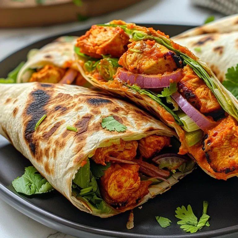 Close-up view of a juicy Air Fryer Chicken Tikka Wrap, showcasing vibrant spices and fresh ingredients.