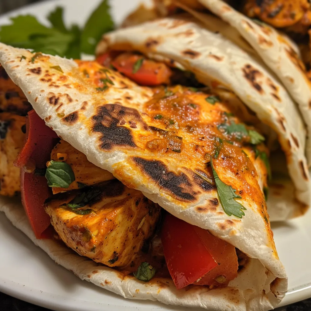 Side perspective of a Chicken Tikka Wrap filled with marinated chicken, fresh vegetables, and creamy sauce.