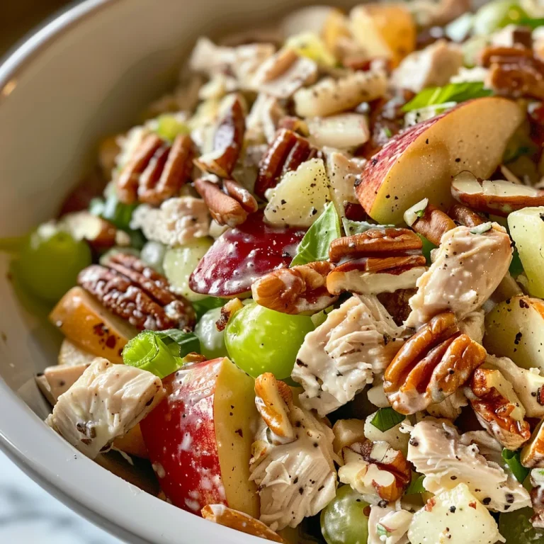 A Heartfelt Apple Pecan Chicken Salad That Whispers Family Gatherings Close-up view of a vibrant Apple Pecan Chicken Salad featuring diced chicken, apples, and pecans.