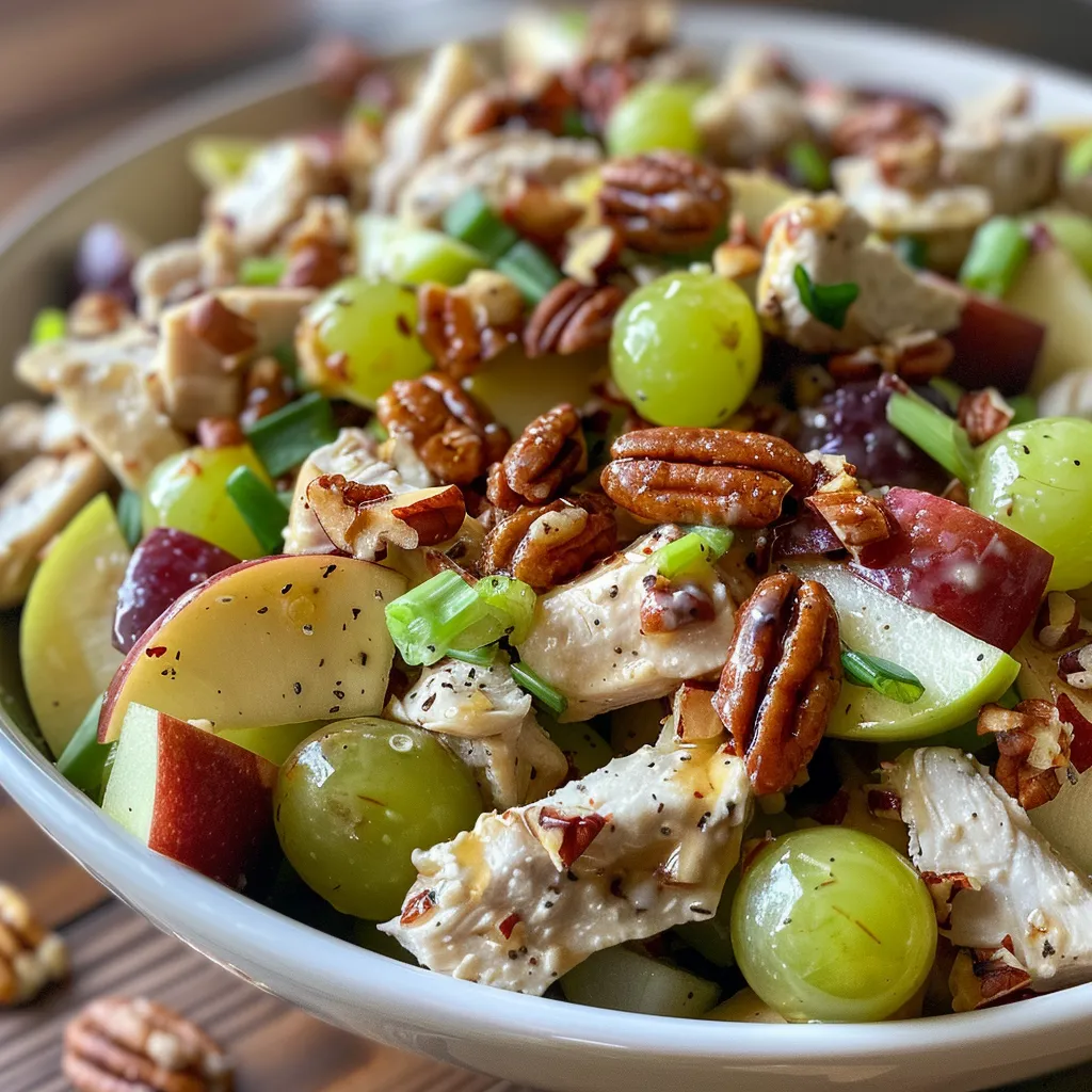 Side view of a colorful chicken salad with greens, apples, and pecans on a plate.