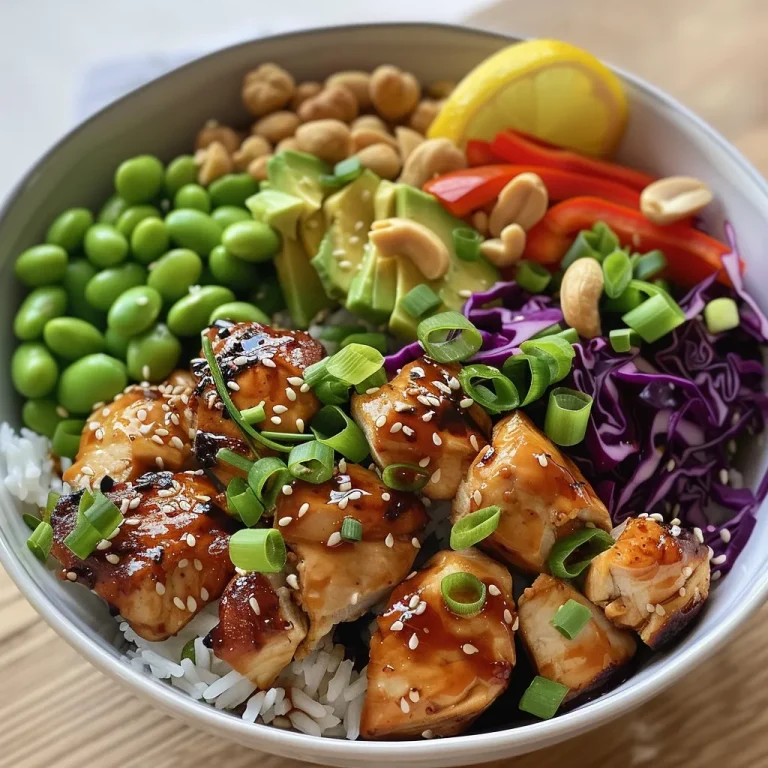A close-up side view of a delicious Asian chicken bowl with vibrant toppings and crispy rice.